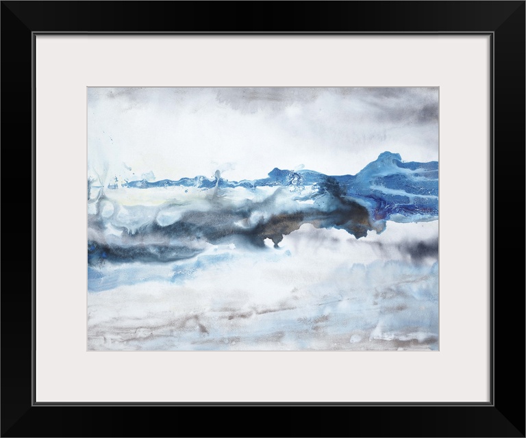 Contemporary abstract painting in flowing blue and grey tones, resembling waves crashing against a rocky shore.