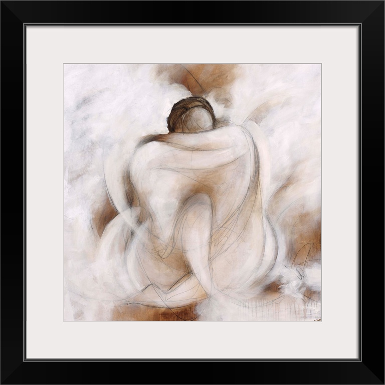 Figurative art of two human forms sitting and embracing each other, surrounded by a light background resembling fluffy clo...