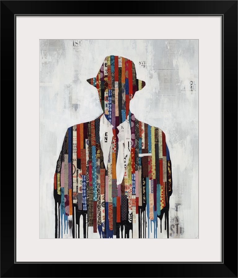 Contemporary art of a bust of a man in a jacket, tie and hat, his figure a collaged collection of vertical strips of paper...