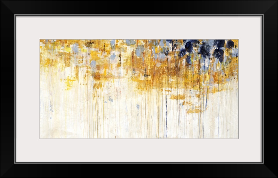 A large horizontal contemporary painting of vibrant yellow and brown colors dripping vertically.