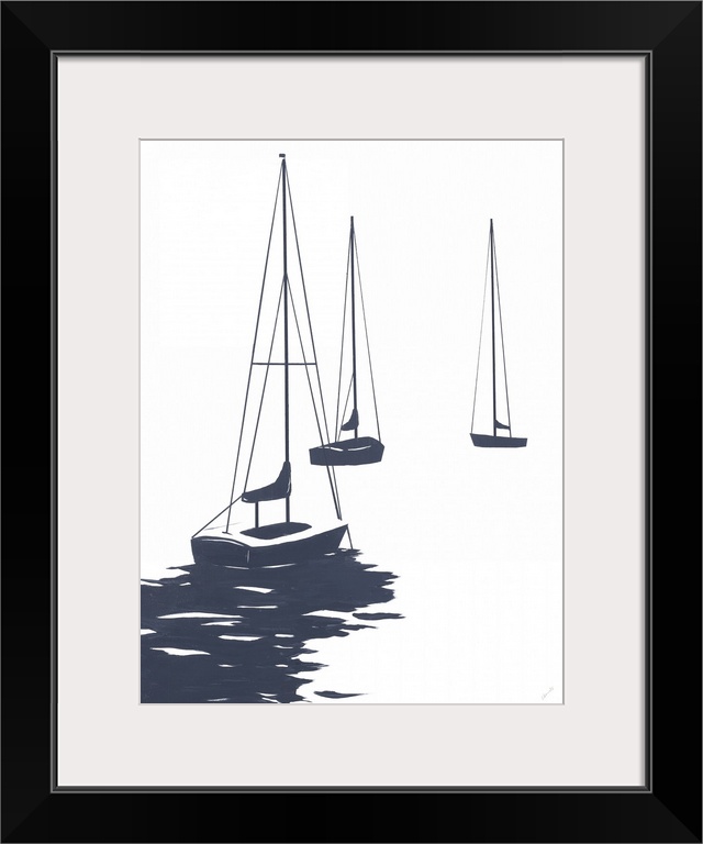 A modest design in white and dark blue of a few sailboats floating in the water.