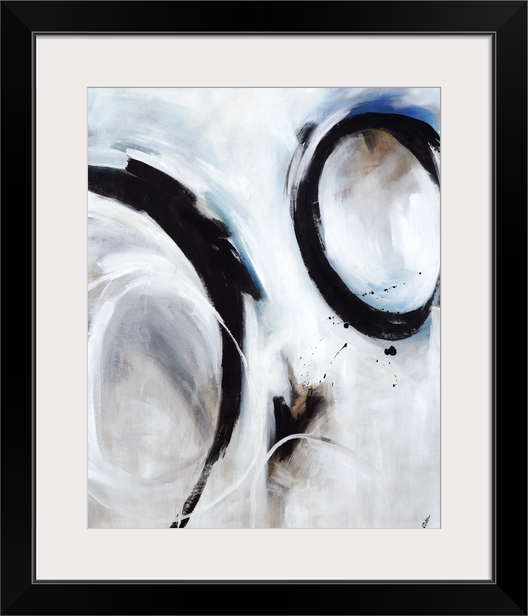 Abstract artwork of strong black circular strokes over a soft blue and grey background.