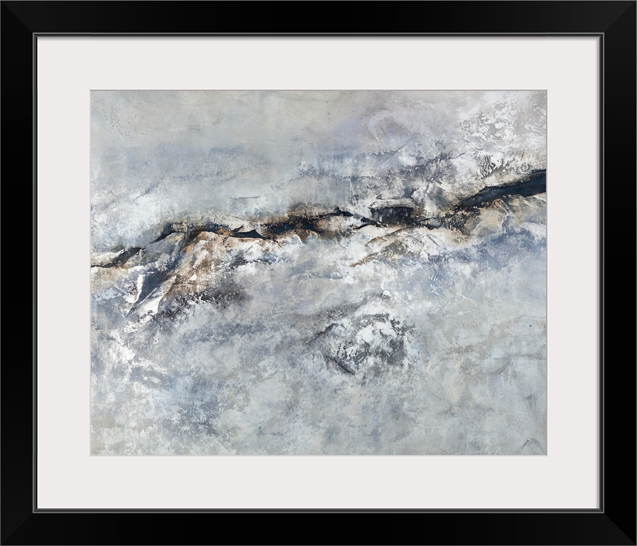 Contemporary abstract painting with shades of gray, silver, blue, and brown creating texture.