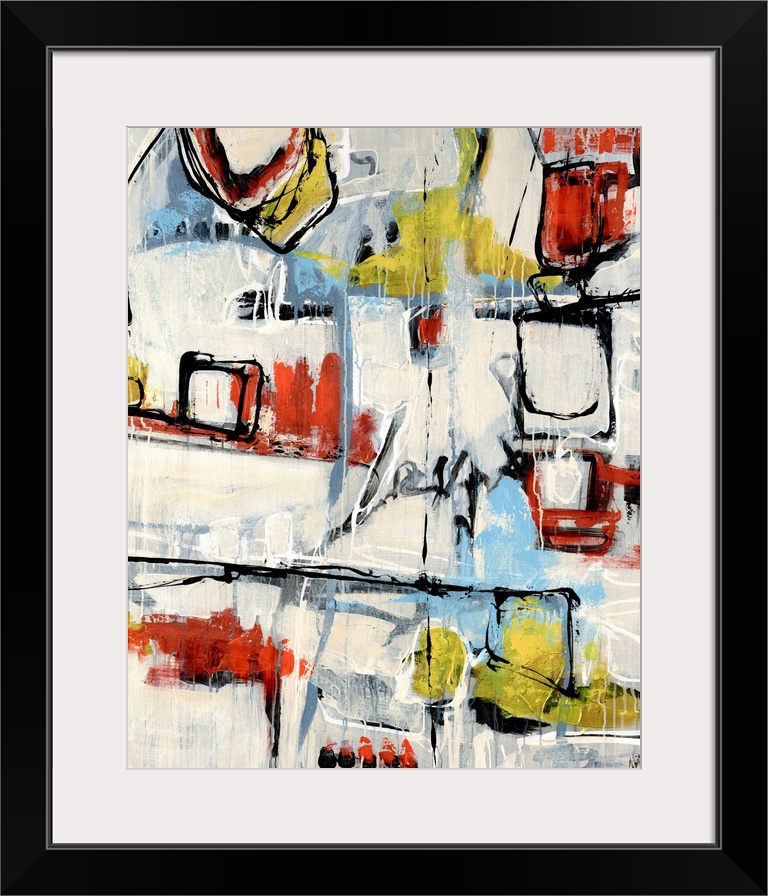 Abstract painting of lines and blotches of various colors on an off white canvas.