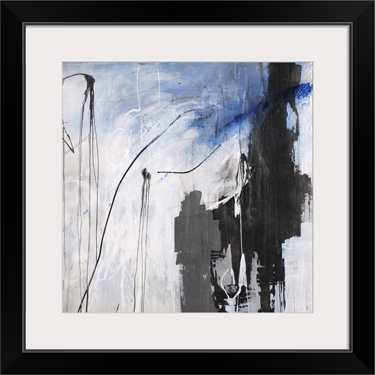 Contemporary abstract painting using blue and black pops of color against a neutral background.