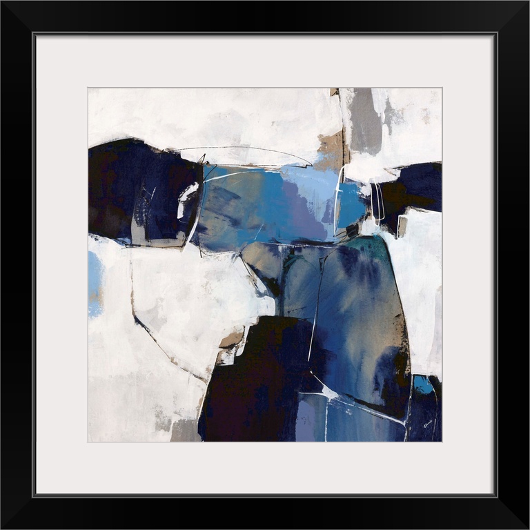 A bold, contemporary abstract in shades of blue and navy on an off-white background. Touches of bronze add a metallic edge...