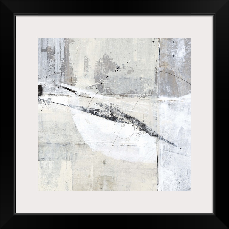 Square contemporary abstract painting with sections of gray, white, and tan hues with thin, black lines a circles throughout.