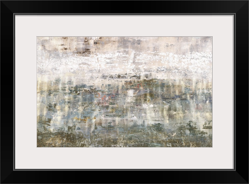 Large contemporary abstract painting created with neutral hues and a rough looking finish to create texture.