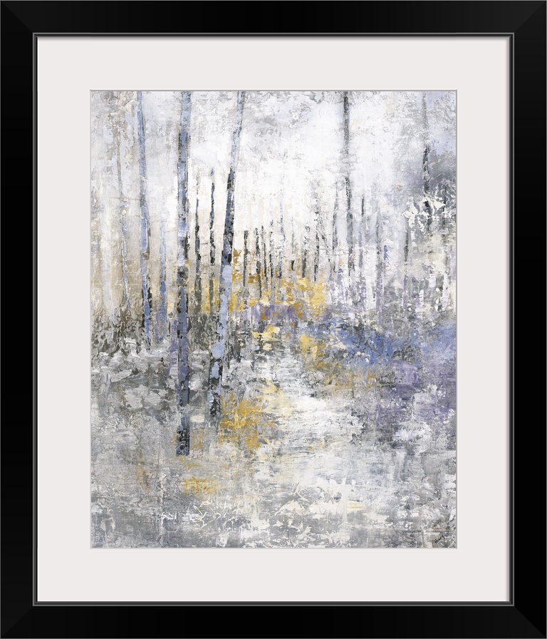 Abstract landscape of a trail through a forest in textured muted tones.
