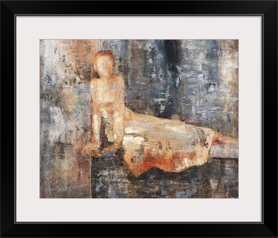 Contemporary abstract painting using earthy tones to create a silhouette of a woman laying on her side.