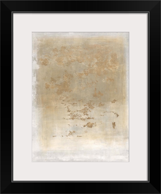 Soft abstract painting with a white boarder and a faint gold rectangle in the center with darker gold blotches on top.