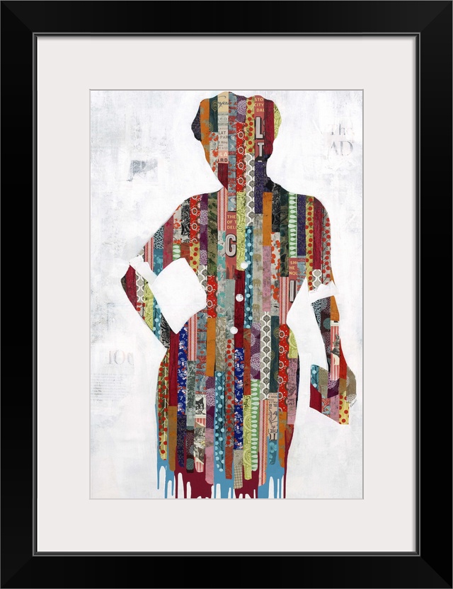 Contemporary painting of a woman in a dress with a clutch made of collage elements.