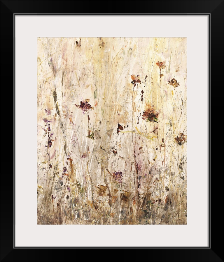 Contemporary abstract painting of flowers and tall grass in earthy tones.