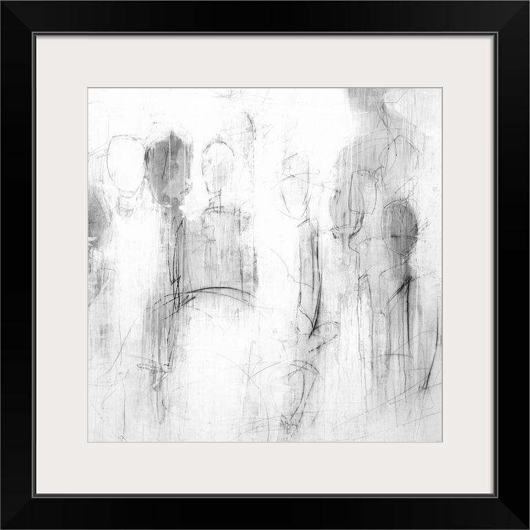 An abstract painting of shapes of people in black lines and gray brush strokes.