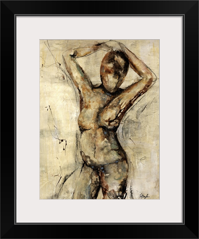 Contemporary abstract figurative painting of a woman standing with her hands folded over her head.  The image is void of a...