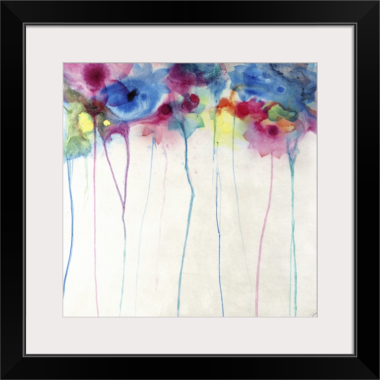 Vibrant, colorful flowers with long stems, in a faded watercolor style.