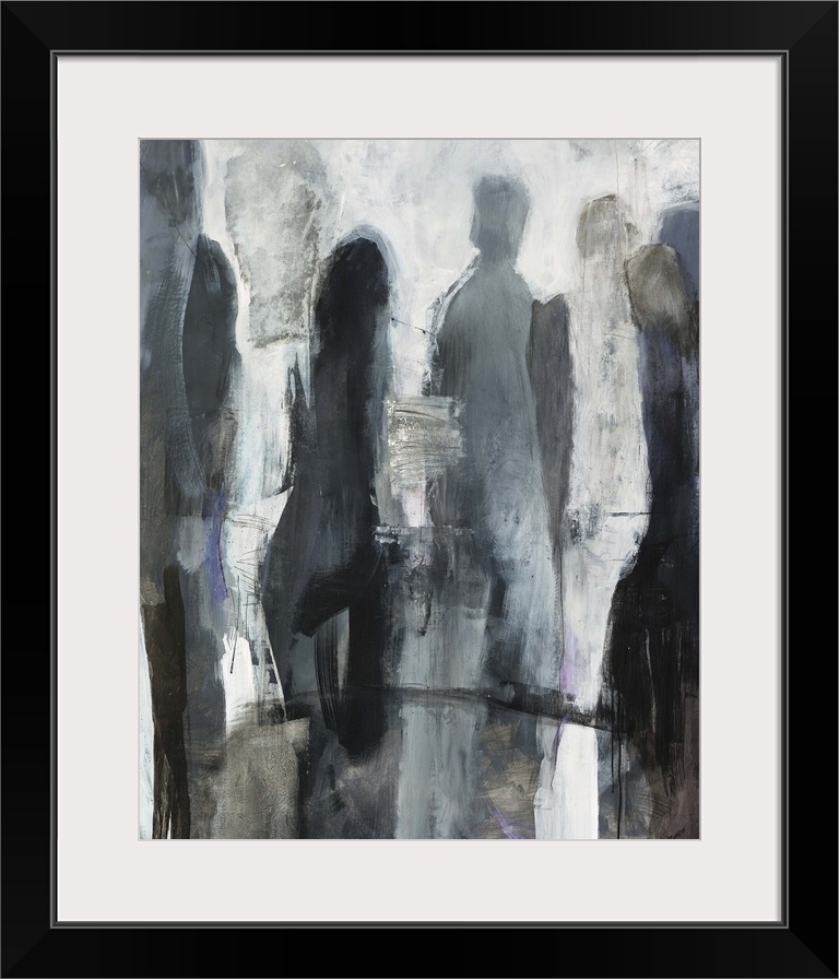Abstract painting of a group of standing human silhouettes in various shades of grey, on a bright, roughly painted backgro...