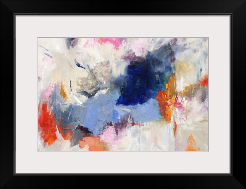 Large abstract painting with vibrant colors in clusters on top of a white, gray, and beige background.