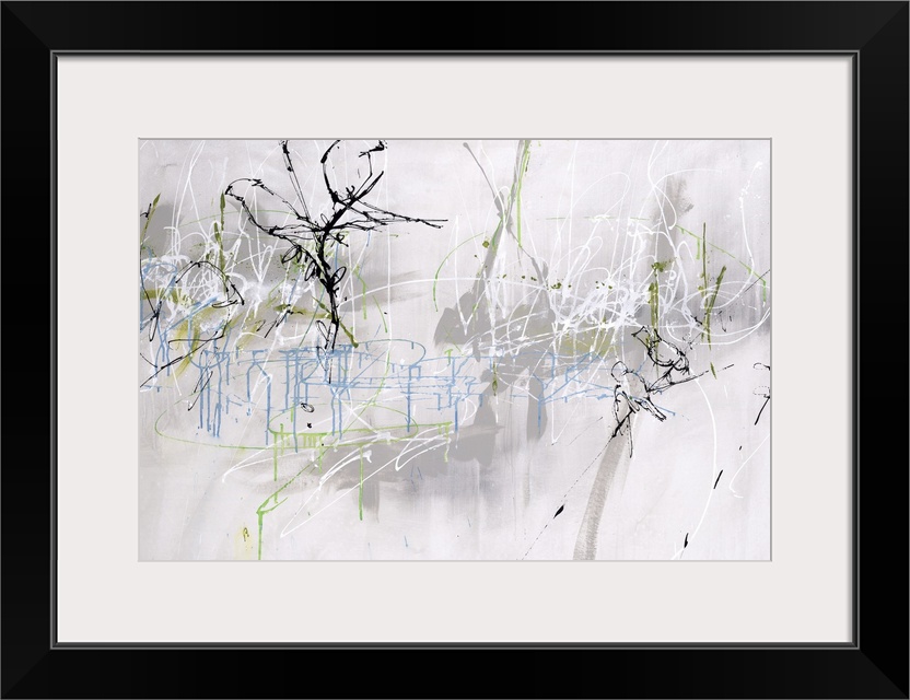 Horizontal abstract painting in shades of gray with an overlay of black, green and blue textured drips of paint.