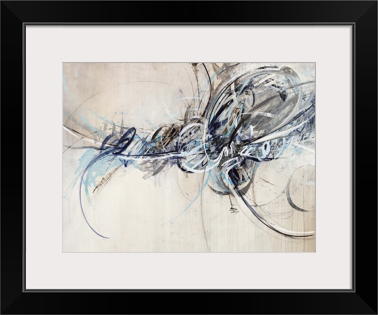 Contemporary abstract painting in quick brush strokes in black and white, showing movement.