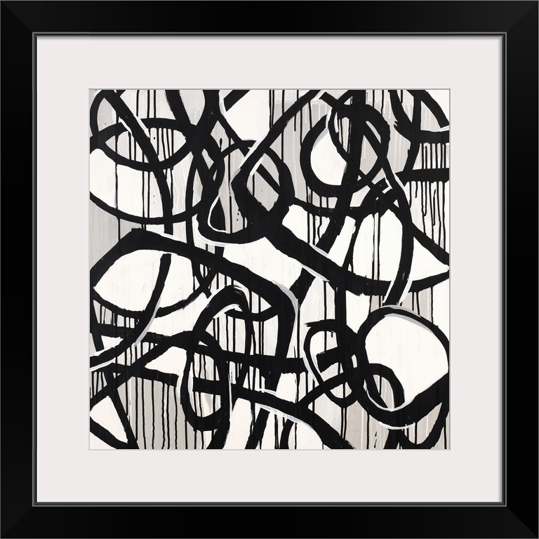 Contemporary high contrast abstract painting using deep black organic lines in a circular motion.
