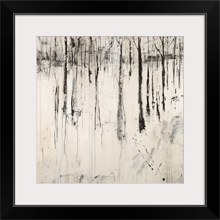 Abstract painting of a dense forest of thin trees with no leaves and a foreground covered in a thick blanket of snow.