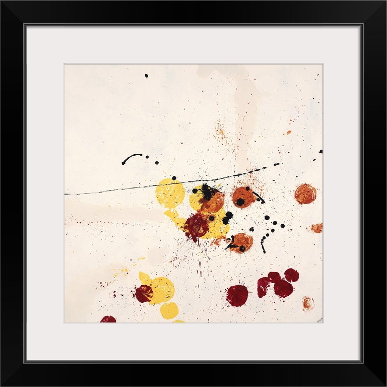 Abstract painting using red and yellow paint splatters on a neutral toned background.