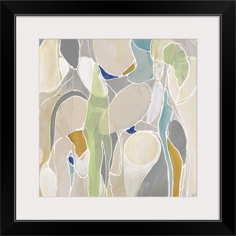 Abstract painting of rounded shapes and sections of various soft tones divided by thin white lines that twist and curve in...