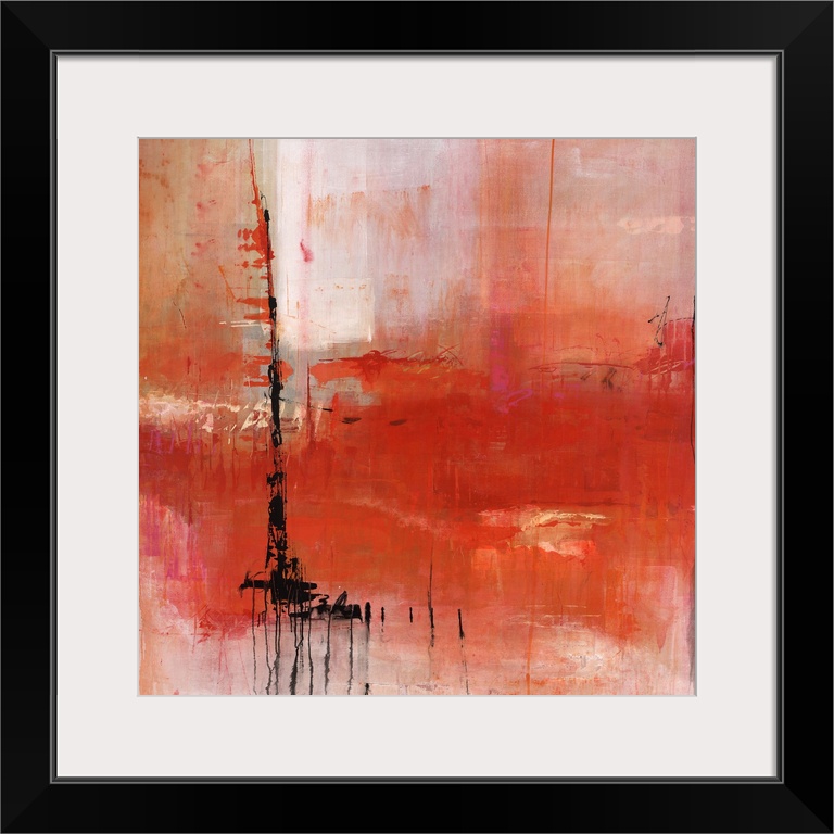Abstract painting of deep red and pale red tones, with a harsh black stroke off to the left.