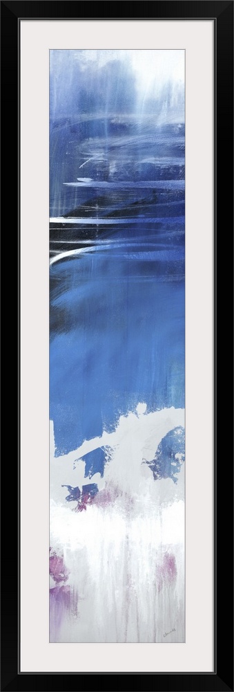 Large vertical abstract painting with bold strokes of paint in white, blue and purple.