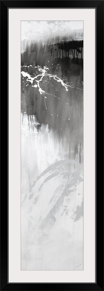 Large vertical abstract painting with bold strokes of paint in white and gray.