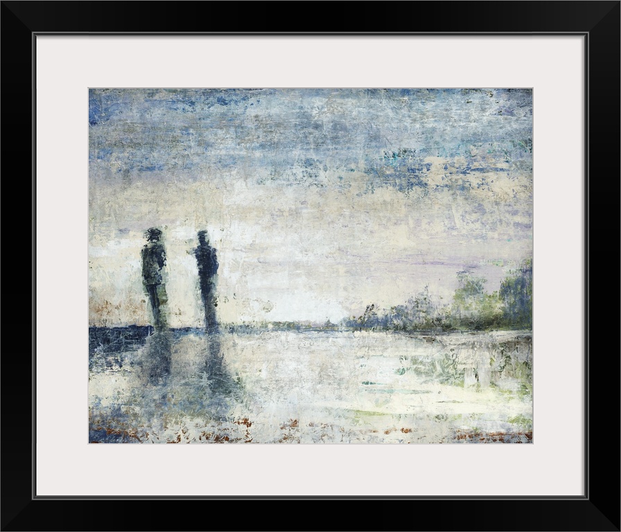 Contemporary painting of two human figures standing next to each other on the horizon, beneath a deep blue sky at sunset.