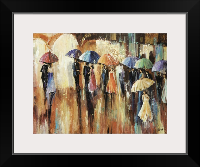 Big painting of men and women under umbrellas going to a show as it rains.