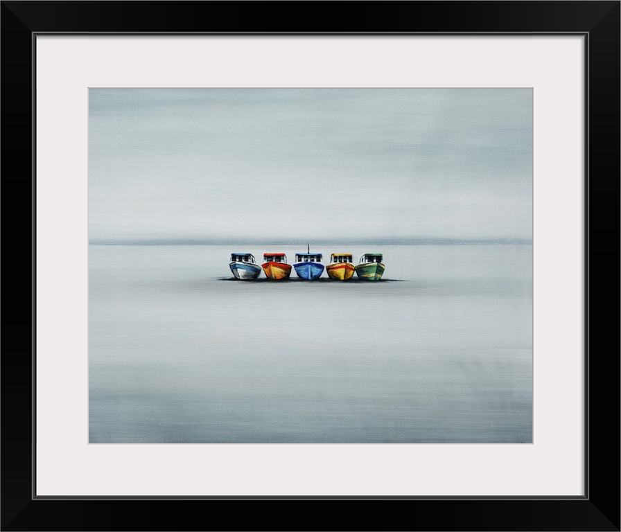 Contemporary painting of five small vibrant boats in various colors, sitting in the middle of still water beneath a dull, ...
