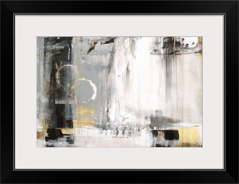 Large abstract painting with white and gray hues on the background and black, brown, and yellow hues on top.