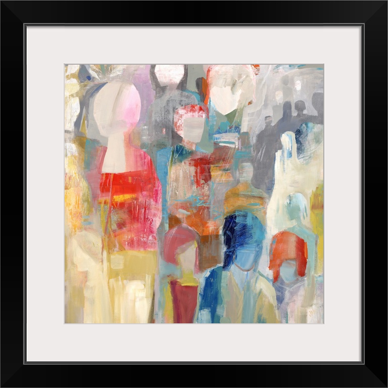 Square abstract painting of colorful figures stacked together.