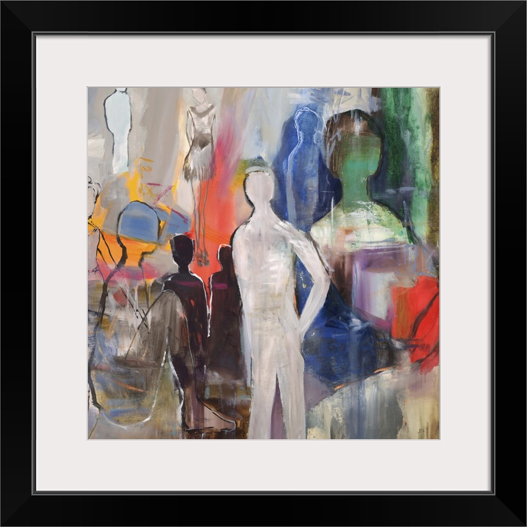 Semi-abstract artwork with several figures in varying size and color.