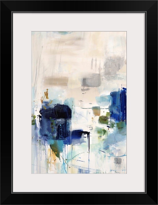 Vertical abstract artwork with vivid squares of blue on white.
