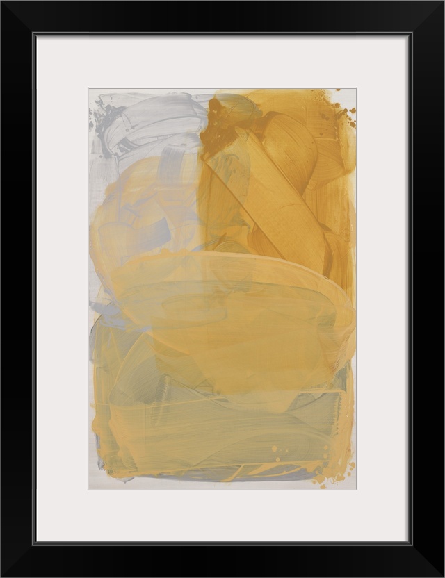 Yellow abstract artwork in a series of three primary color paintings.