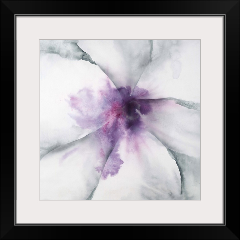 A contemporary abstract painting of an extreme close-up of a gray toned flower with a soft purple center.