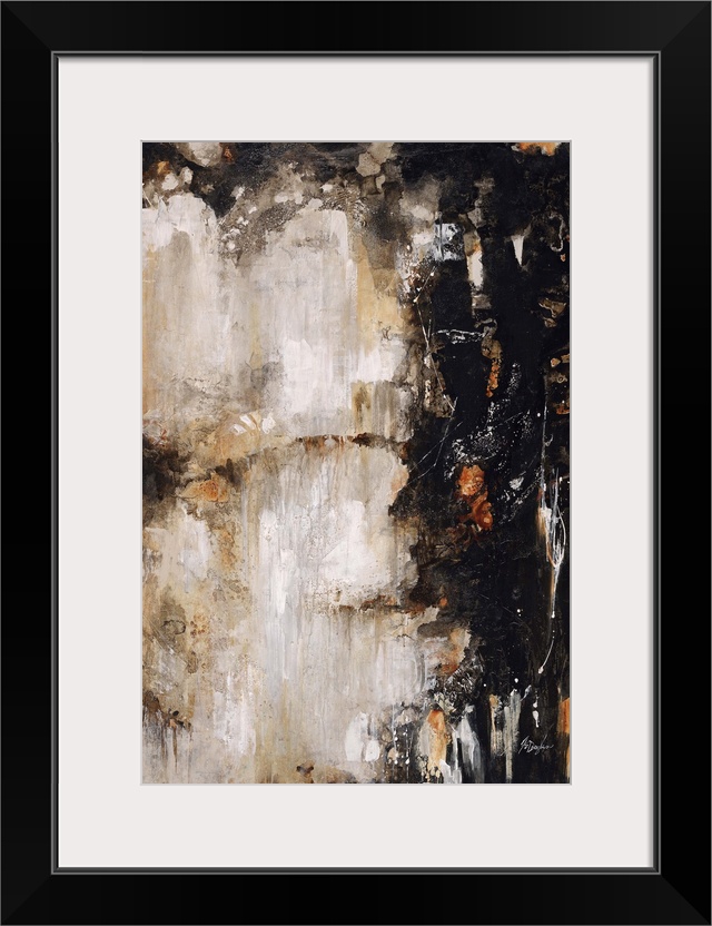 Abstract painting of deep black and rich earth tones clashing toward the center of the image.