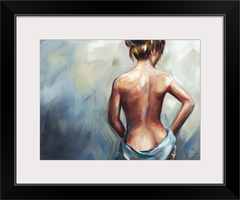 Contemporary artwork drawn of a woman's backside as she drapes a cloth just below her waist.