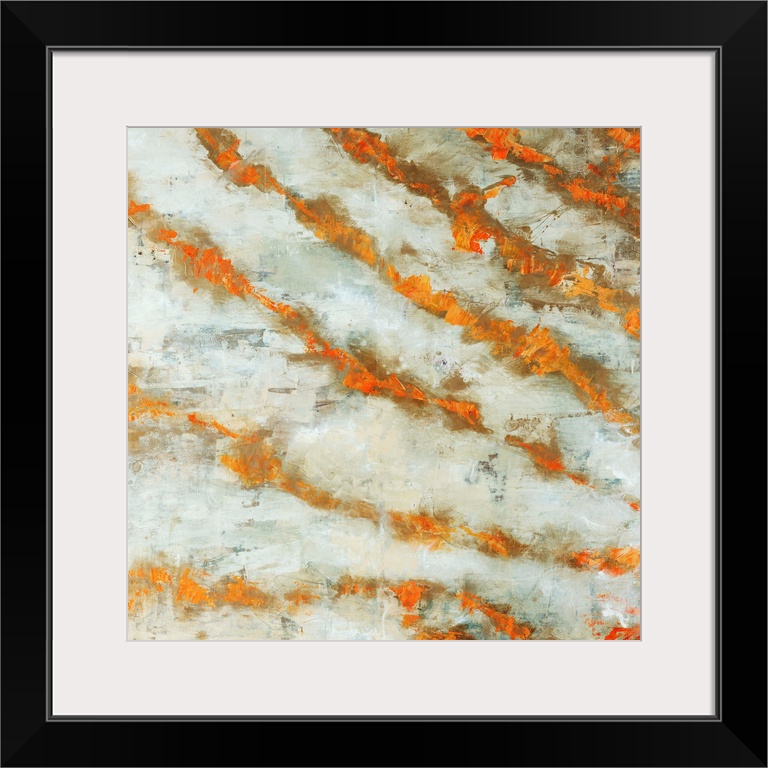 Abstract painting of numerous diagonal lines in warm tones that are radiating like rays of sunlight, on a light neutral ba...