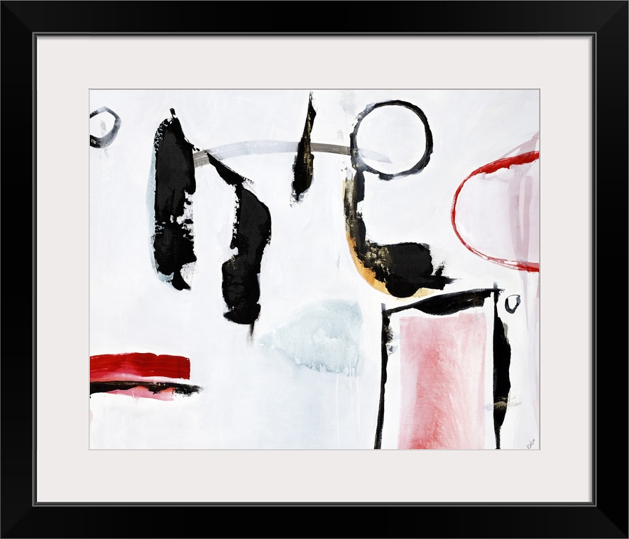 An alluring painting of free flowing curved lines in black and red accents.