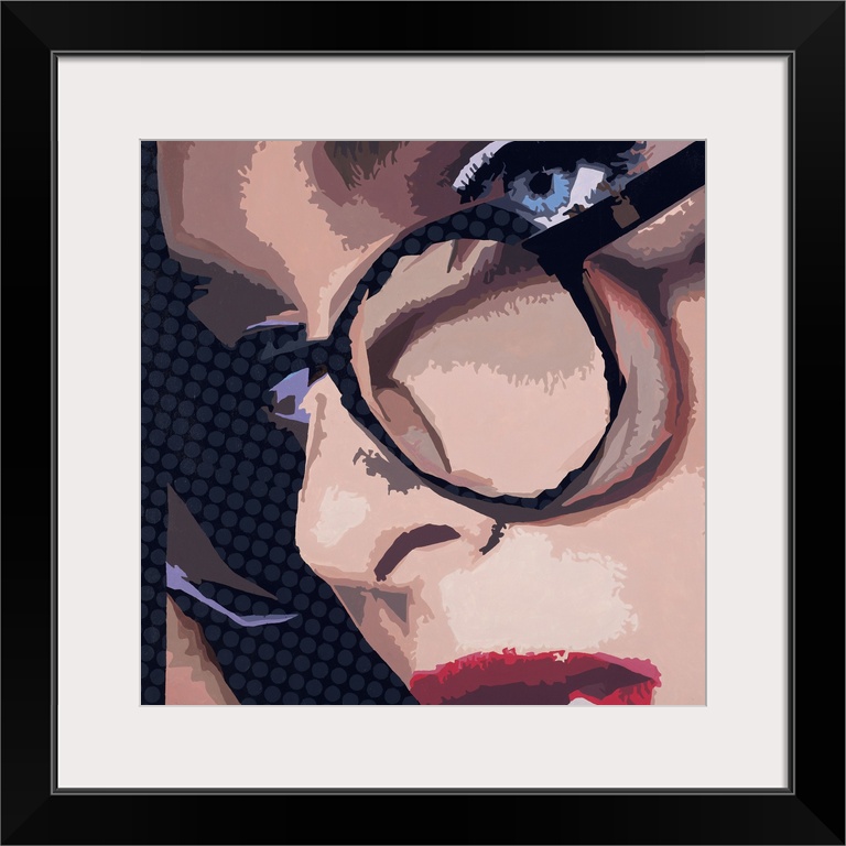 Close-up square artwork of a woman wearing glasses on a polka dotted background.