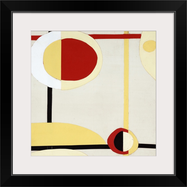 Red, yellow, black, and white retro abstract painting with lines connecting multicolored circles together.