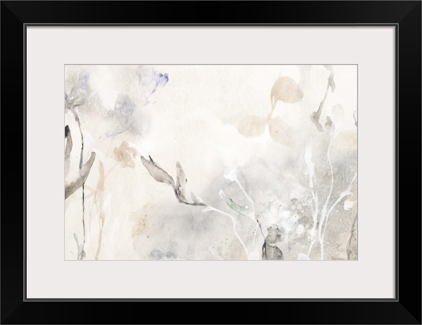 Contemporary abstract painting of several leafy plants in pale grey tones.