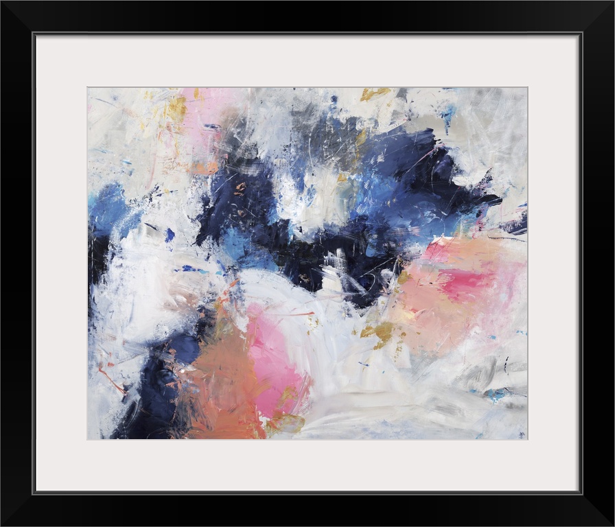 Abstract painting with coll bursts of blue surrounded by warm bursts of pink on a gray toned background with small colorfu...