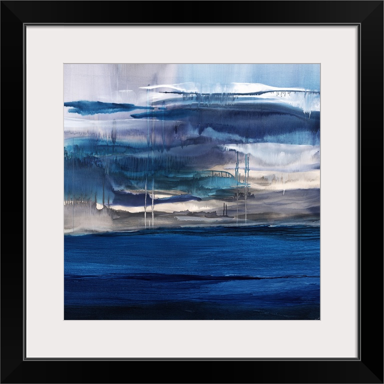 Square abstract painting with shades of blue layered on top of each other and dripping towards the bottom and stopped by a...