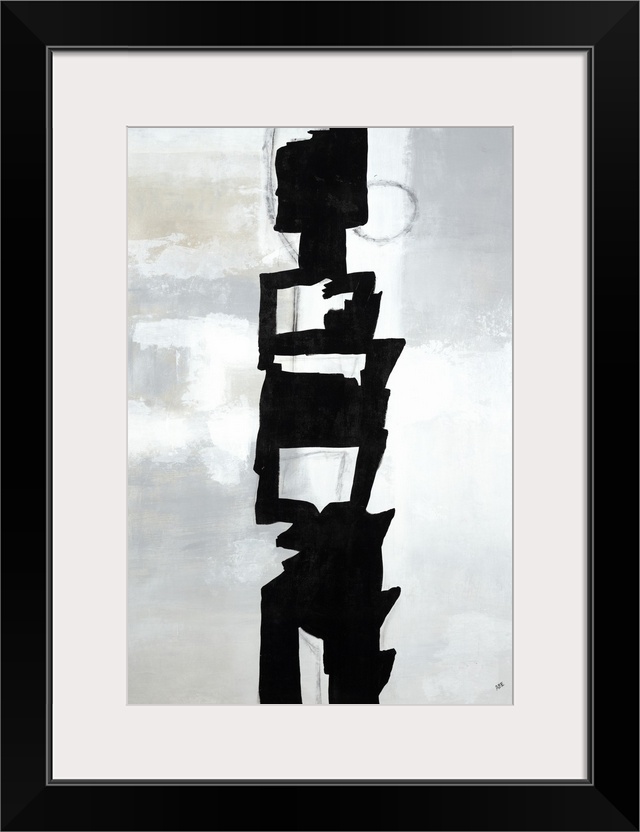 Large vertical painting of a black abstract shape in the center of a gray background.